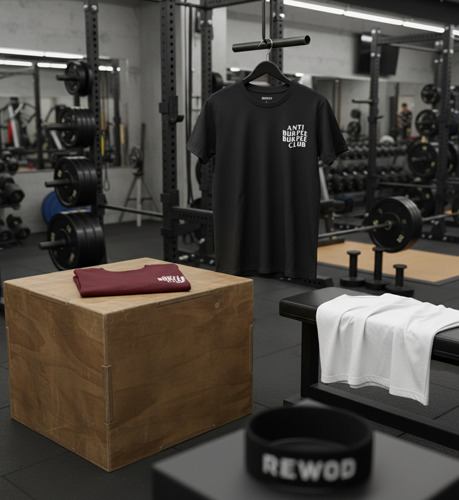 Black t-shirt with 'Anti Burpee Burpee Club' text, maroon towel, and black wristband with 'REWOD' text in a gym setting.