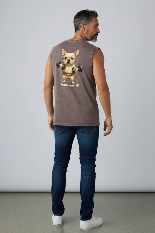 Less Talk, More Reps Oversize Washed Brown Tank Top