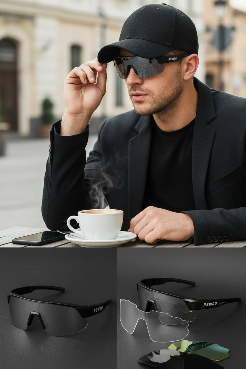 REWOD Series Full Black Frame, red revo/yellow/grey lens Sunglasses