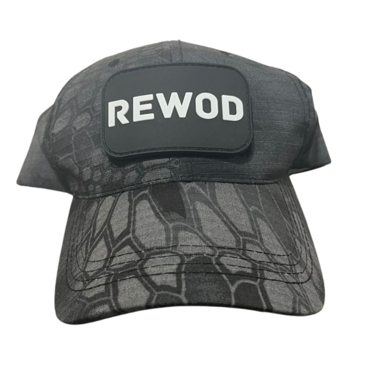 Gray camouflage cap with a black patch displaying 'REWOD' on a white background
