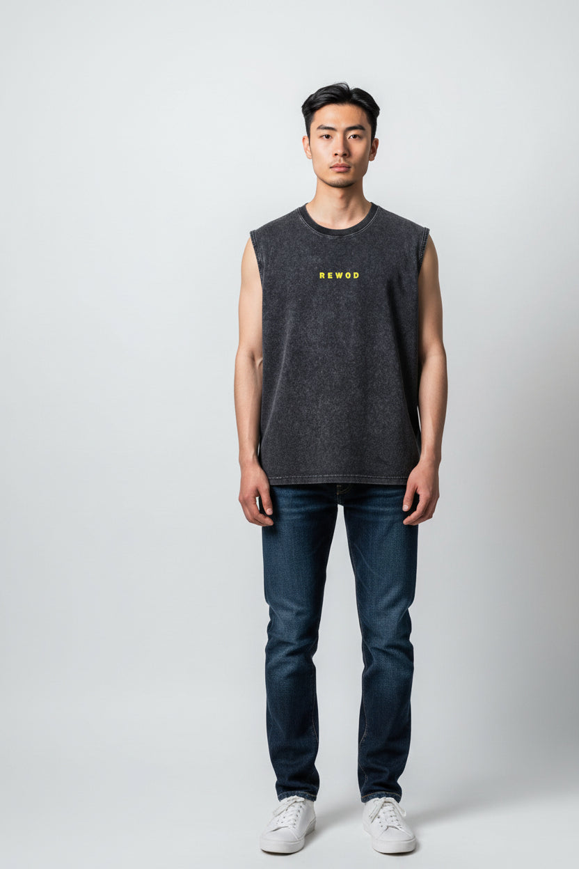 1KM Run Oversize Washed Black Tank Top