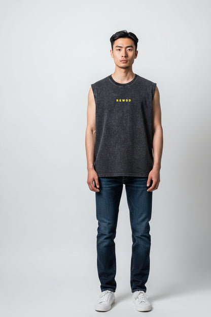 1KM Run Oversize Washed Black Tank Top