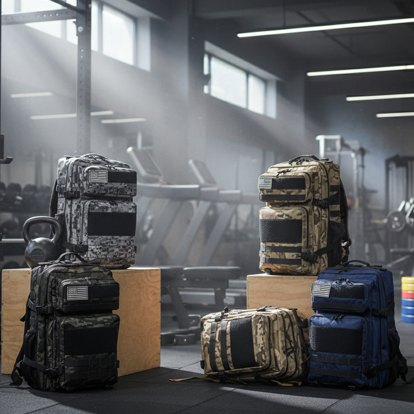Collection of tactical backpacks in various designs and colors in a gym setting.