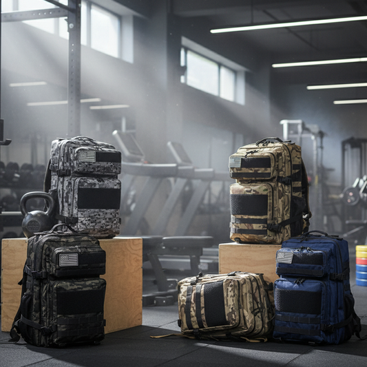 Collection of tactical backpacks in various designs and colors in a gym setting.
