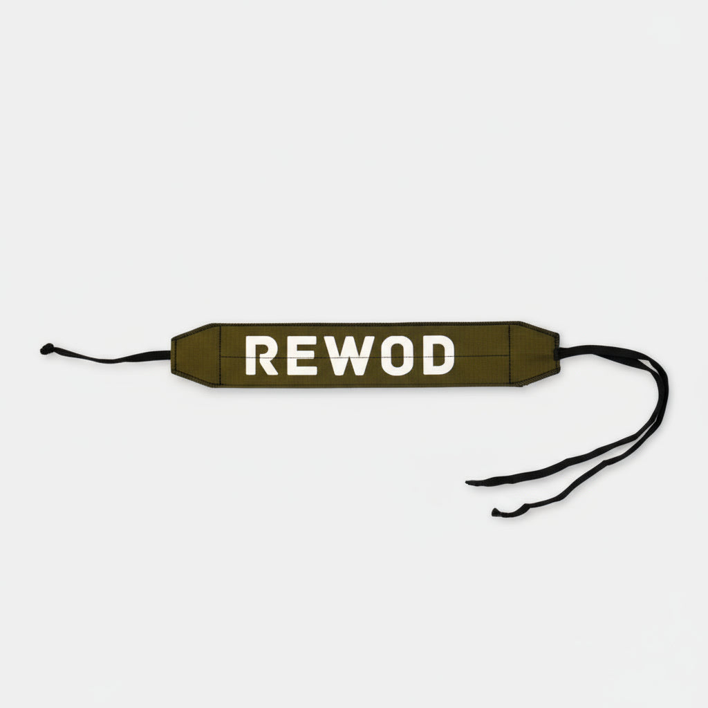 Brown strap with 'REWOD' text on a white background