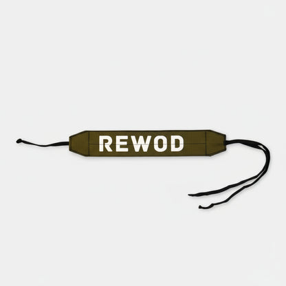 Brown strap with 'REWOD' text on a white background