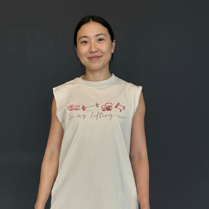 In My Lifting Era Sleeveless Tee Beige Pink Graphic