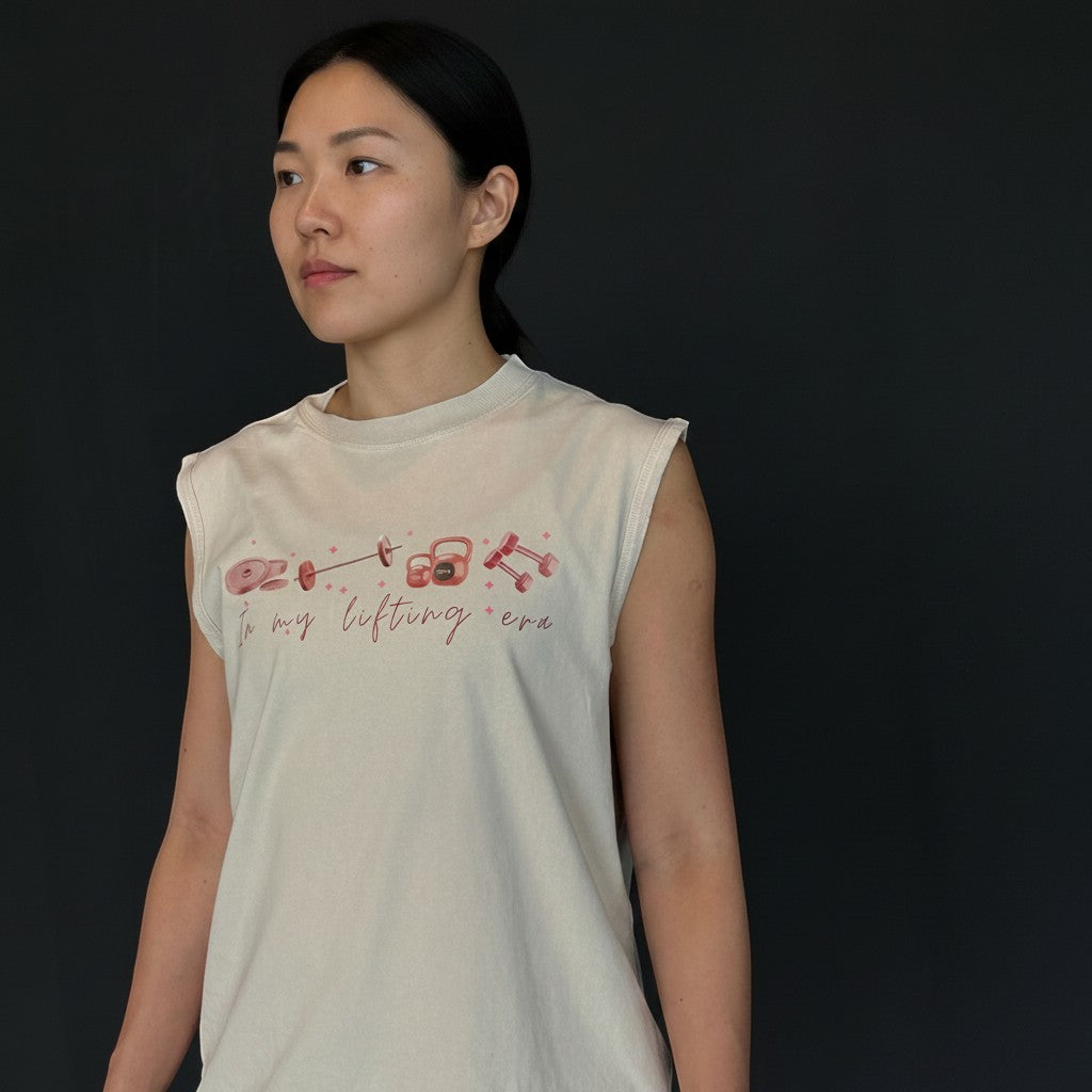 In My Lifting Era Sleeveless Tee Beige Pink Graphic