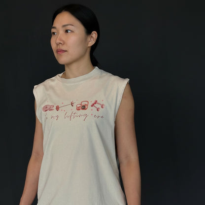 In My Lifting Era Sleeveless Tee Beige Pink Graphic