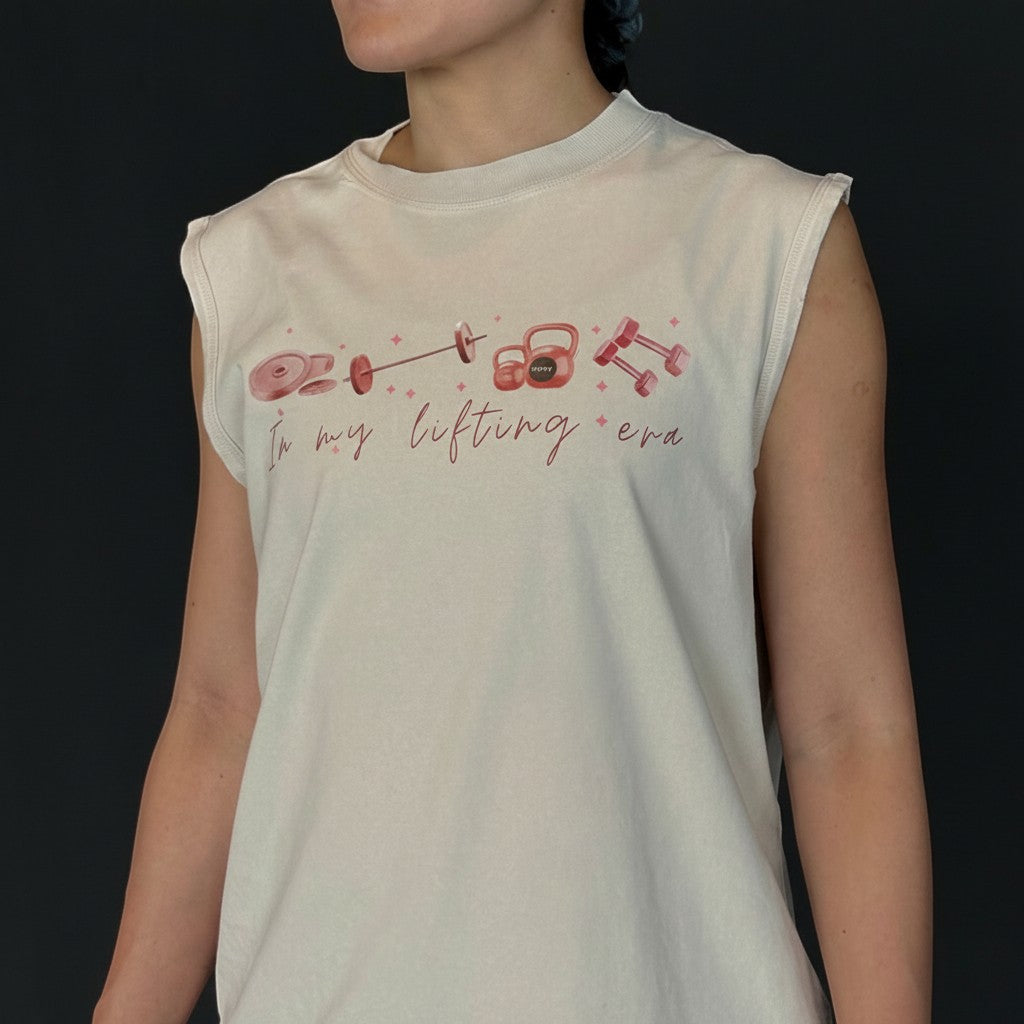 In My Lifting Era Sleeveless Tee Beige Pink Graphic
