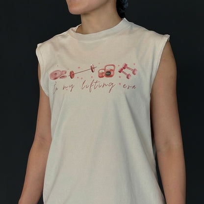 In My Lifting Era Sleeveless Tee Beige Pink Graphic