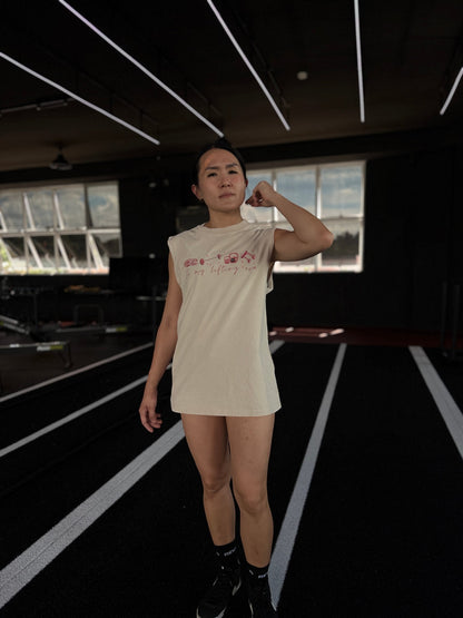 In My Lifting Era Sleeveless Tee Beige Pink Graphic