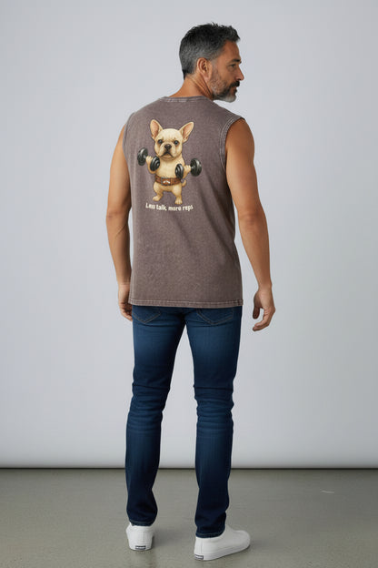 Less Talk, More Reps Oversize Washed Brown Tank Top