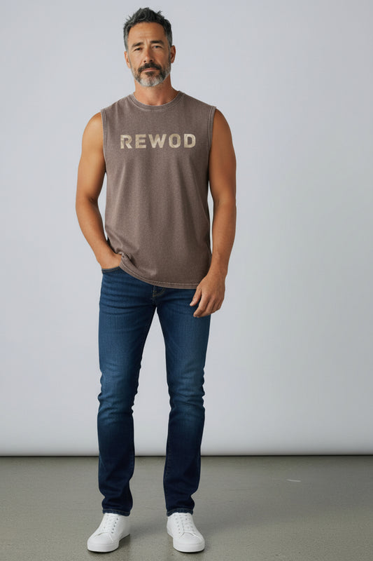 Less Talk, More Reps Oversize Washed Brown Tank Top