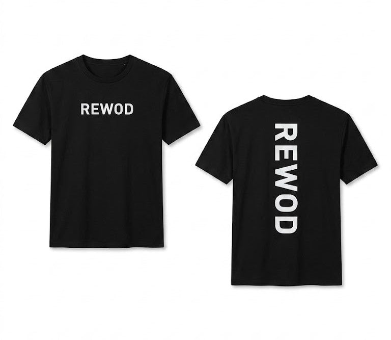 Black t-shirt with 'REWOD' printed on the front and back against a white background