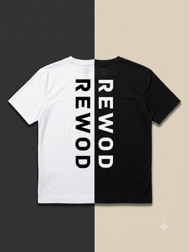 T-shirt with 'REWOD' printed on a split black and white background