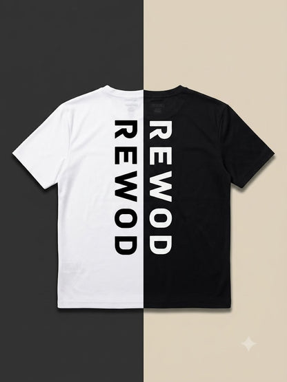 T-shirt with 'REWOD' printed on a split black and white background