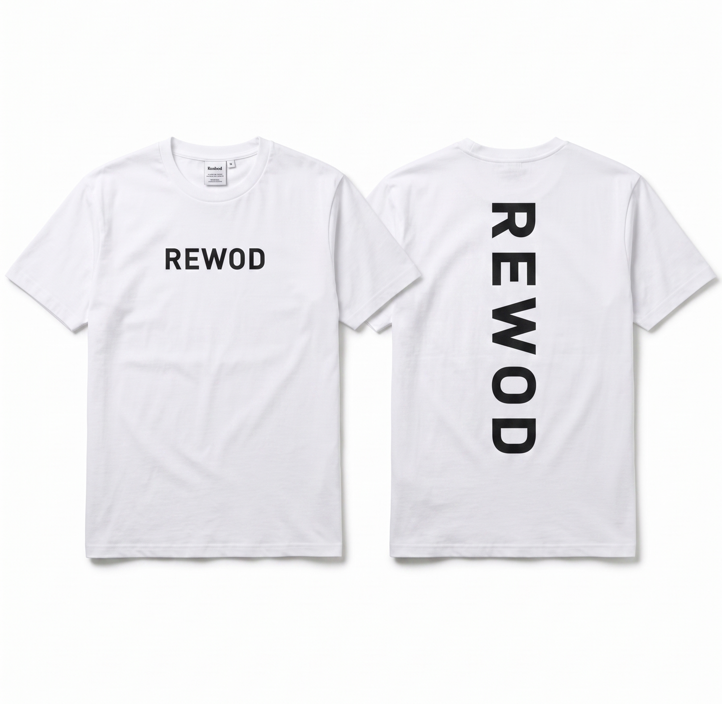 White t-shirt with 'REWOD' printed on the front and back against a white background
