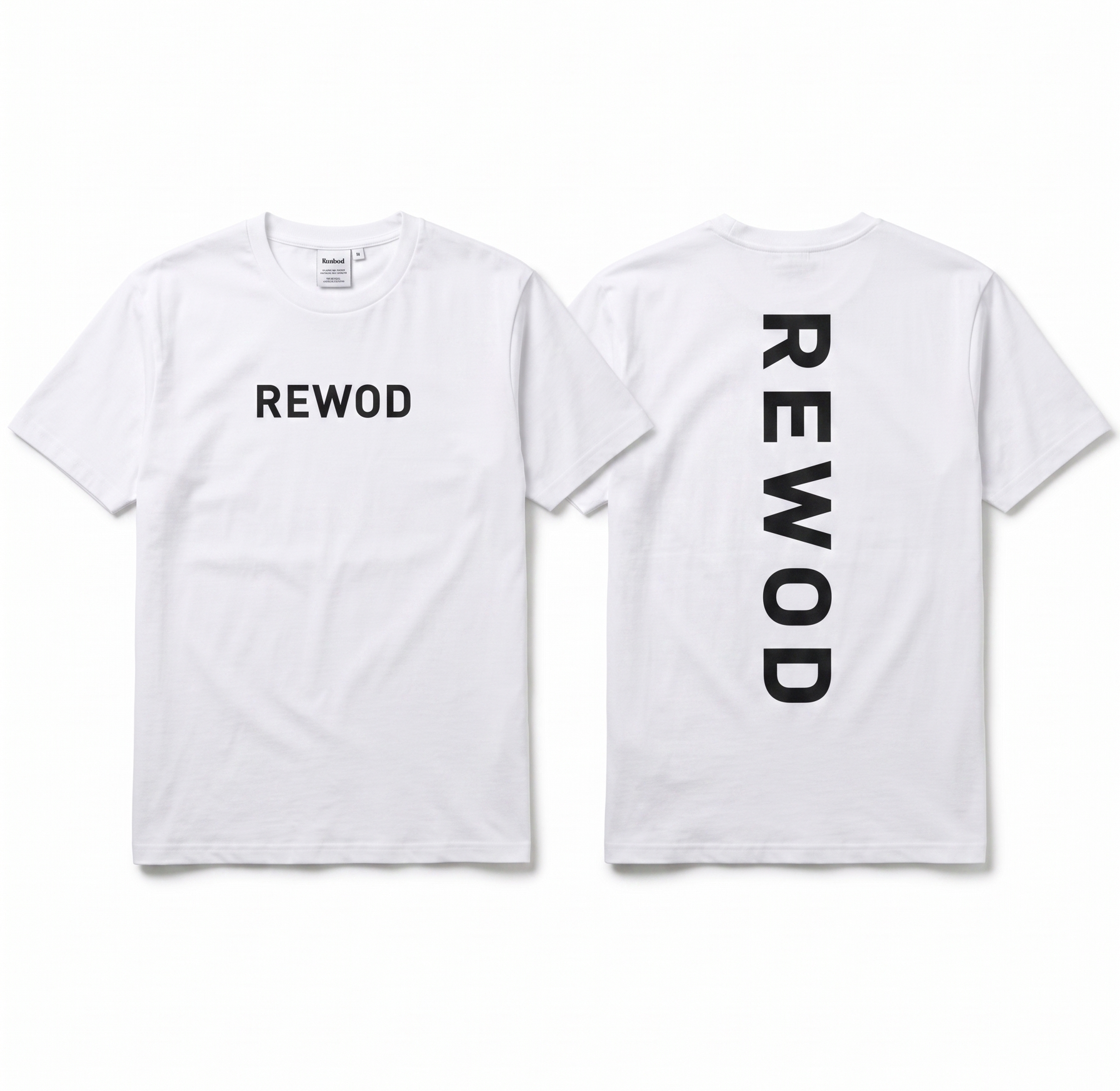 White t-shirt with 'REWOD' printed on the front and back against a white background