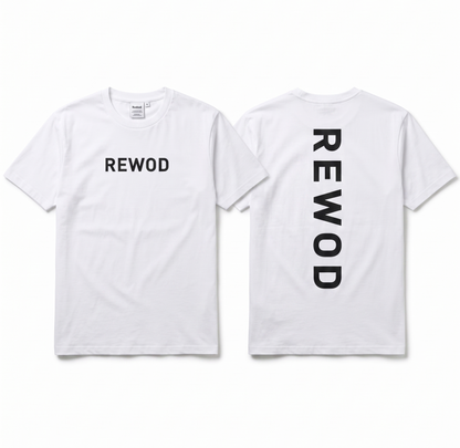 White t-shirt with 'REWOD' printed on the front and back against a white background