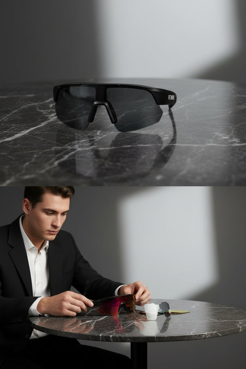 REWOD Series Full Black Frame, red revo/yellow/grey lens Sunglasses
