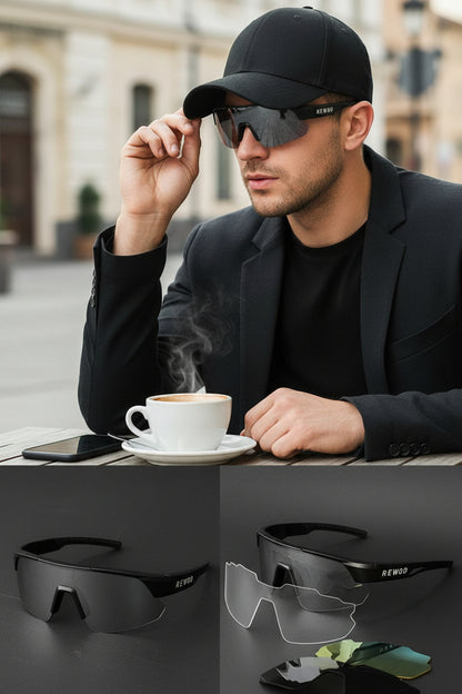 REWOD Series Full Black Frame, red revo/yellow/grey lens Sunglasses