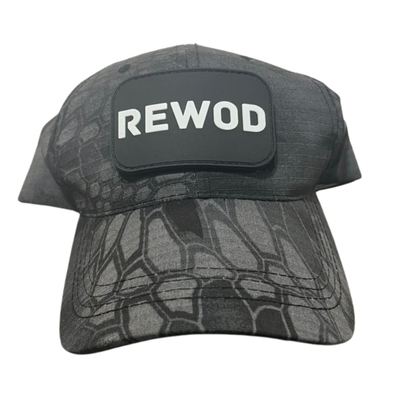 Gray camouflage cap with a black patch displaying 'REWOD' on a white background