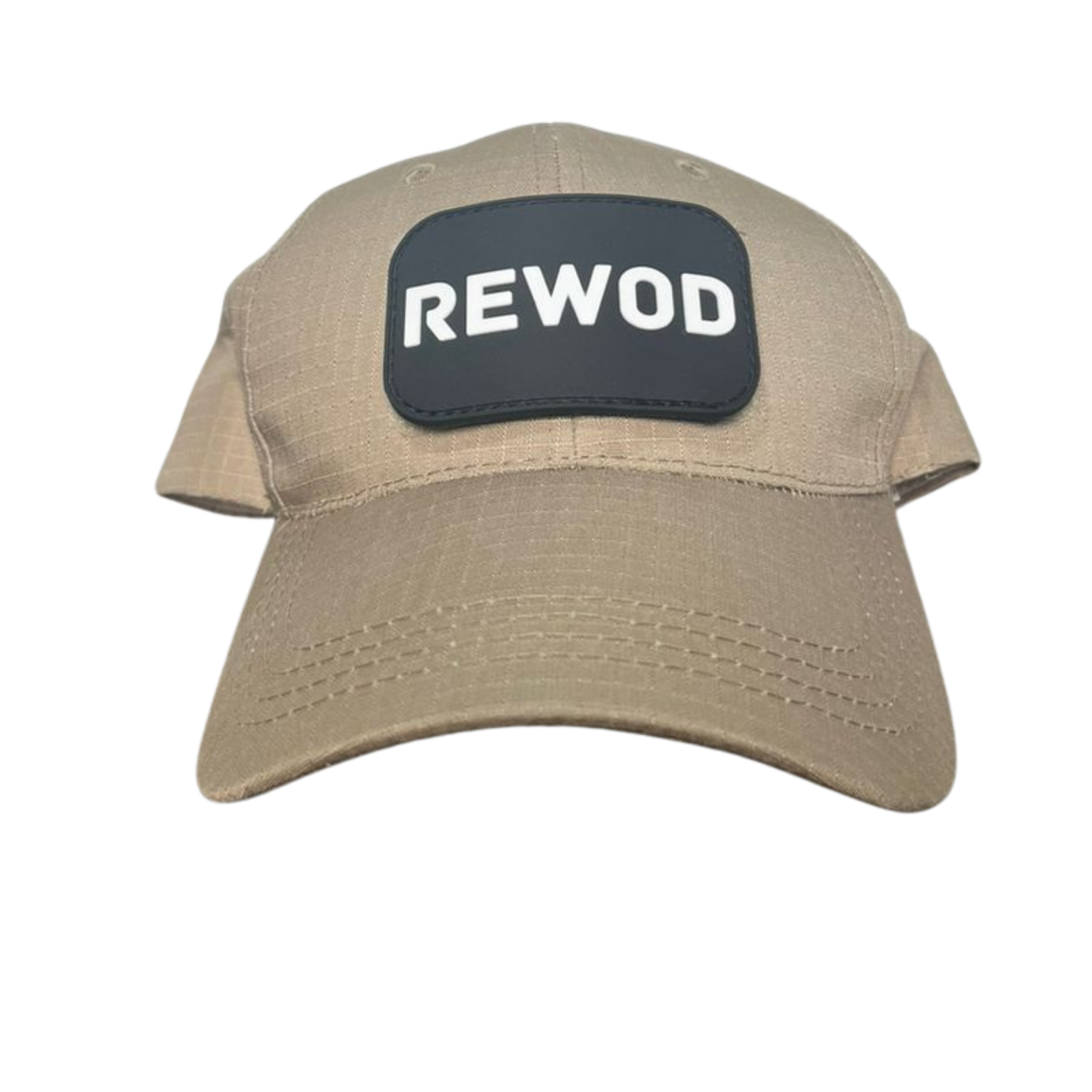 Beige cap with a black patch displaying 'REWOD' on a white background