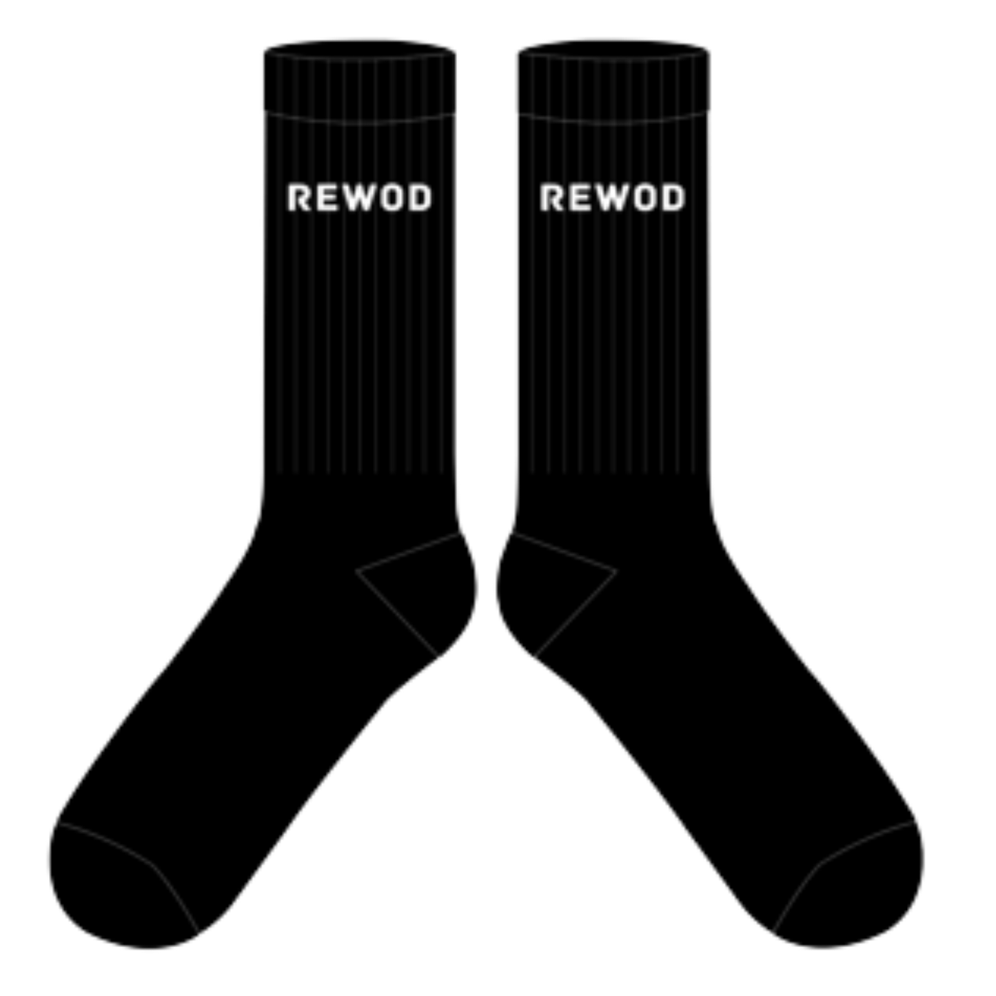 Pair of black socks with 'REWOD' branding on a white background