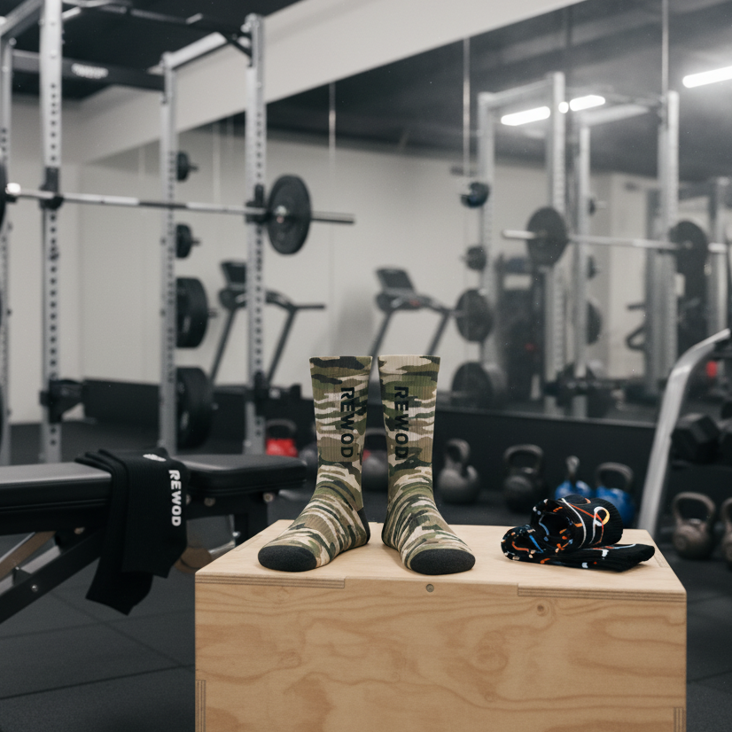 Socks with 'REWOD' branding on a wooden box in a gym setting