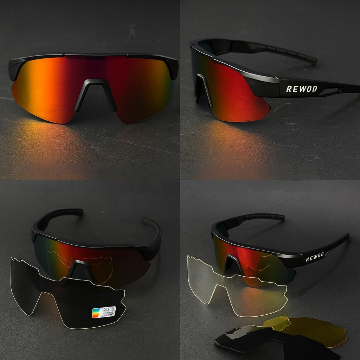 REWOD Black Frame, Red revo/yel/gre/transp len Sunglasses